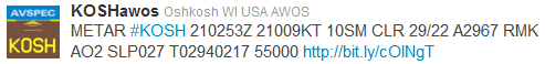 Sample tweet for Oshkosh AWOS, @KOSHawos